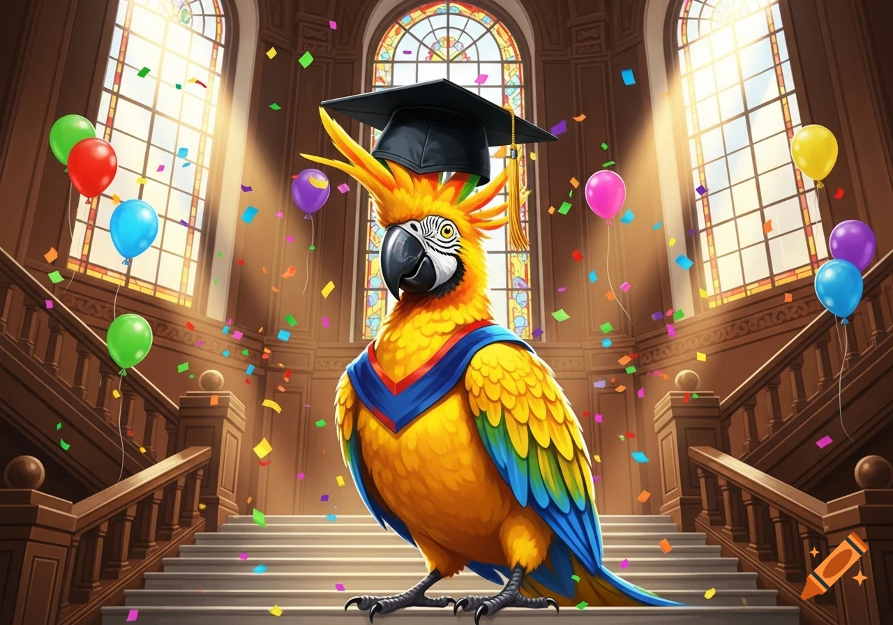 A vibrant yellow-orange parrot in a graduation cap and stole stands on stairs amidst confetti and balloons in a grand hall.