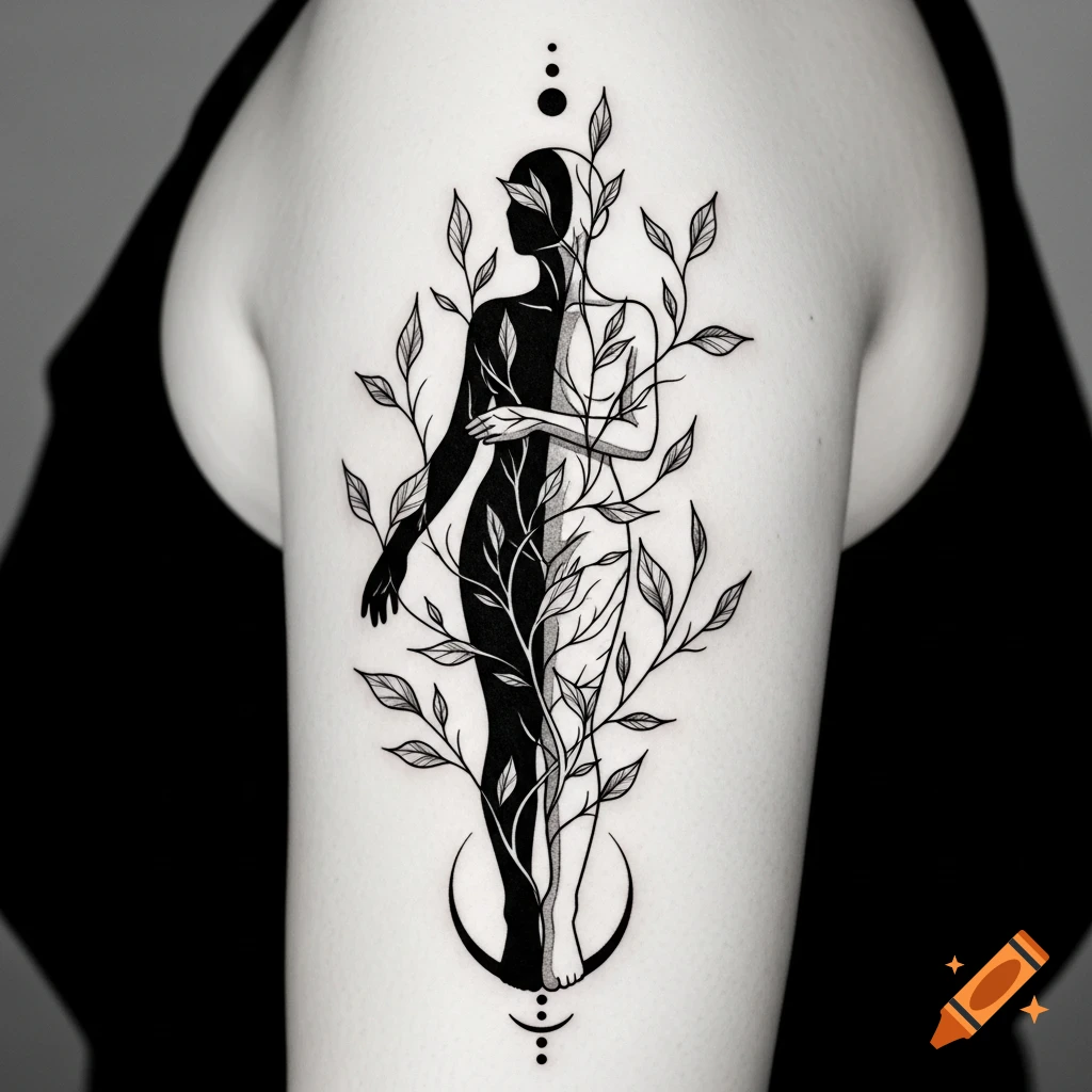 A black and white tattoo on an arm, depicting a stylized human figure intertwined with intricate plant branches and leaves.