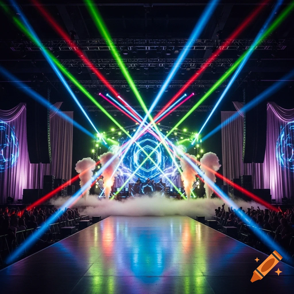 A concert stage brightly lit with crisscrossing red, green, and blue laser beams, fog, and a large crowd.