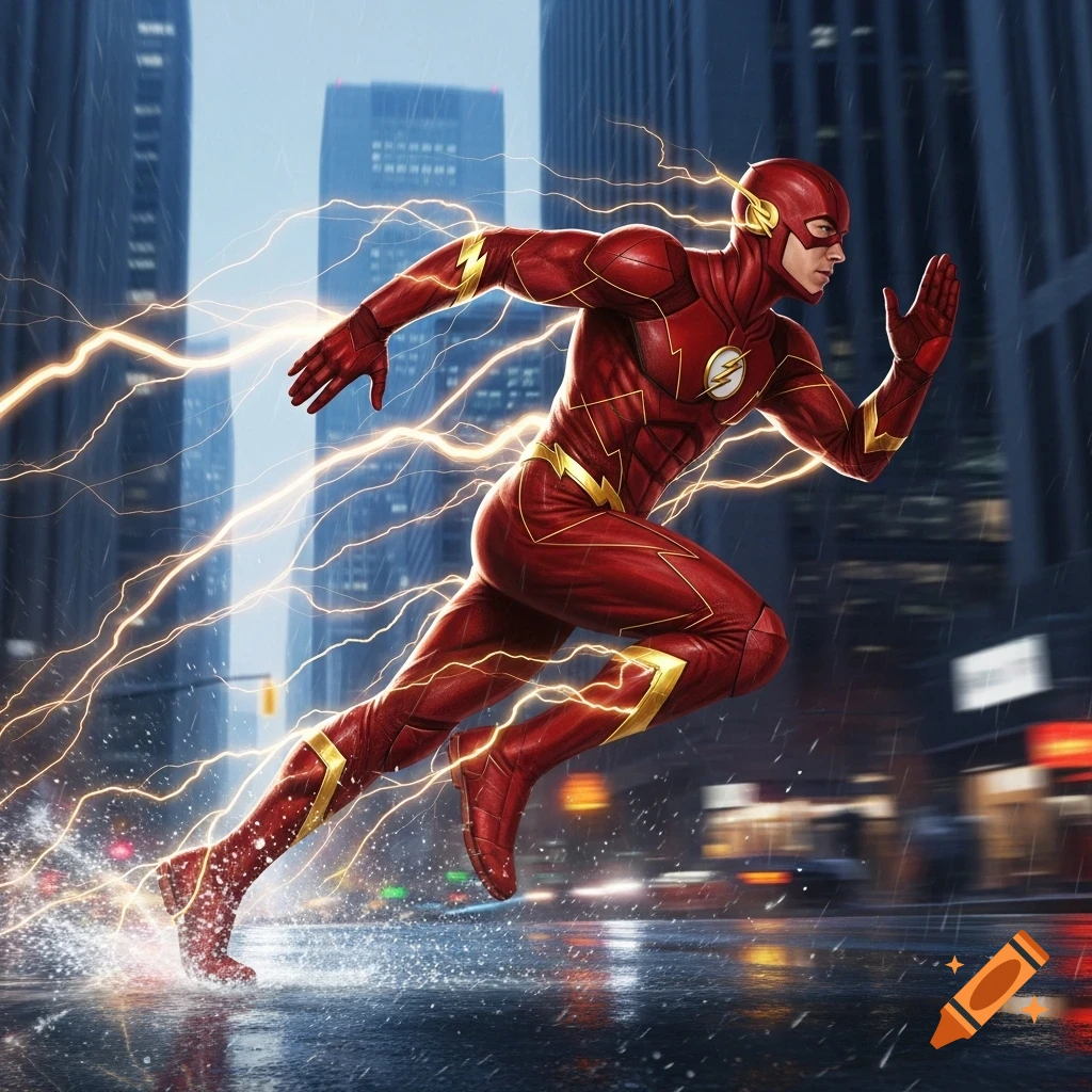The Flash in his red and gold suit races through a rainy city street at high speed, surrounded by bright lightning bolts.