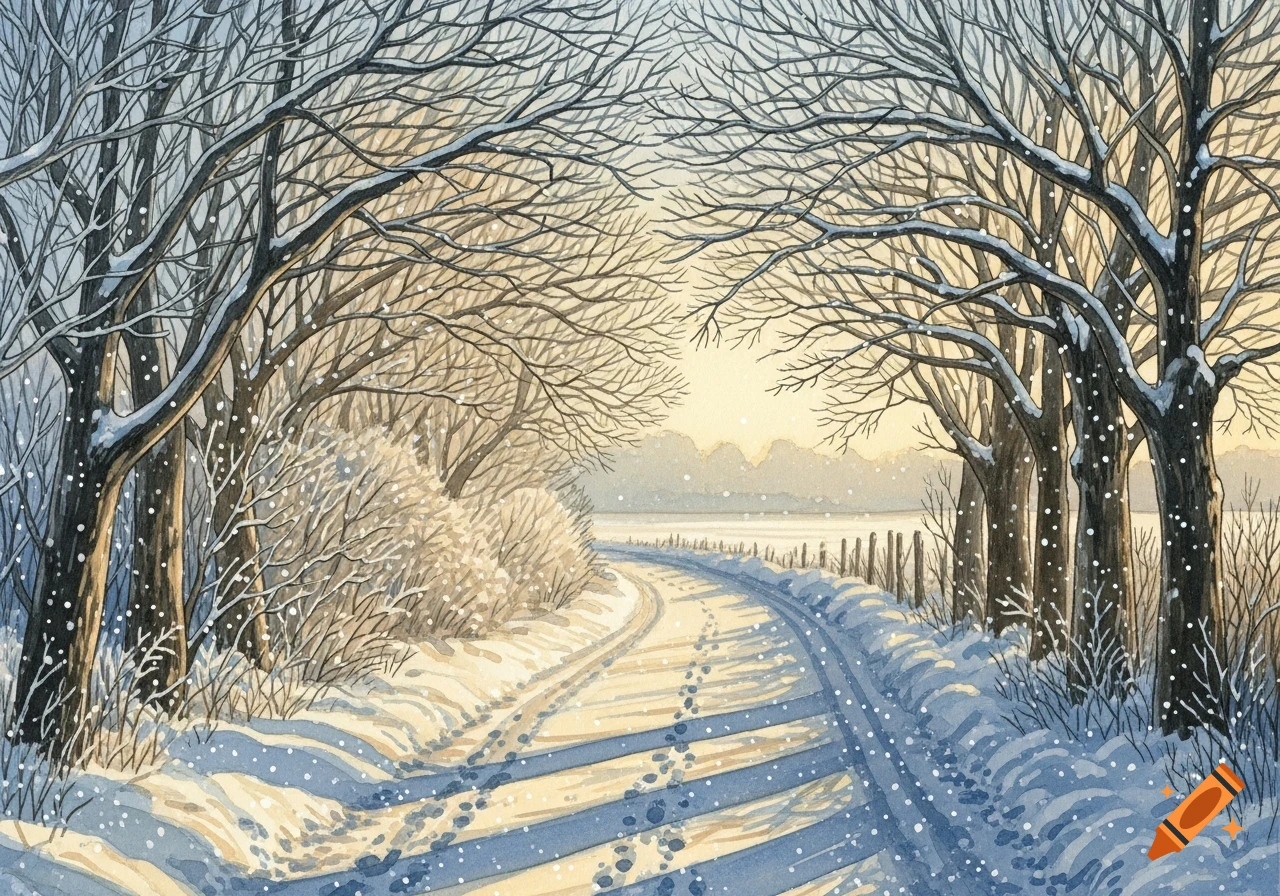 A watercolor painting depicts a snowy lane winding through bare trees under a pale yellow sky with falling snowflakes.