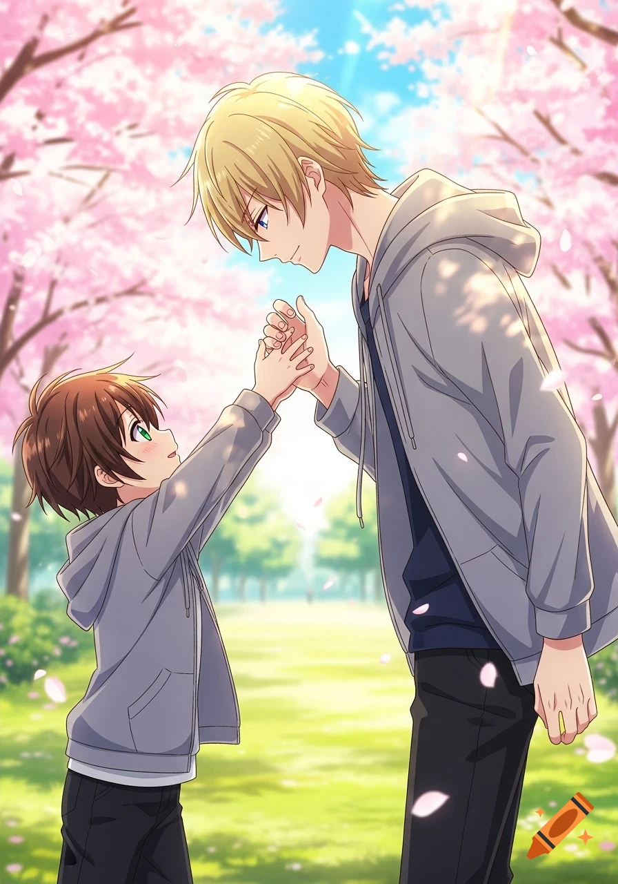 Anime art of a taller blonde boy holding hands with a shorter brown-haired boy under cherry blossom trees.