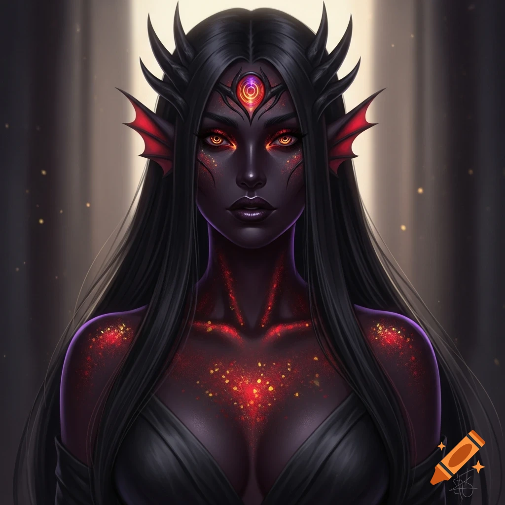 A dark-skinned fantasy character with long black hair, horns, glowing red eyes, a third eye, and red/gold specks on her chest.