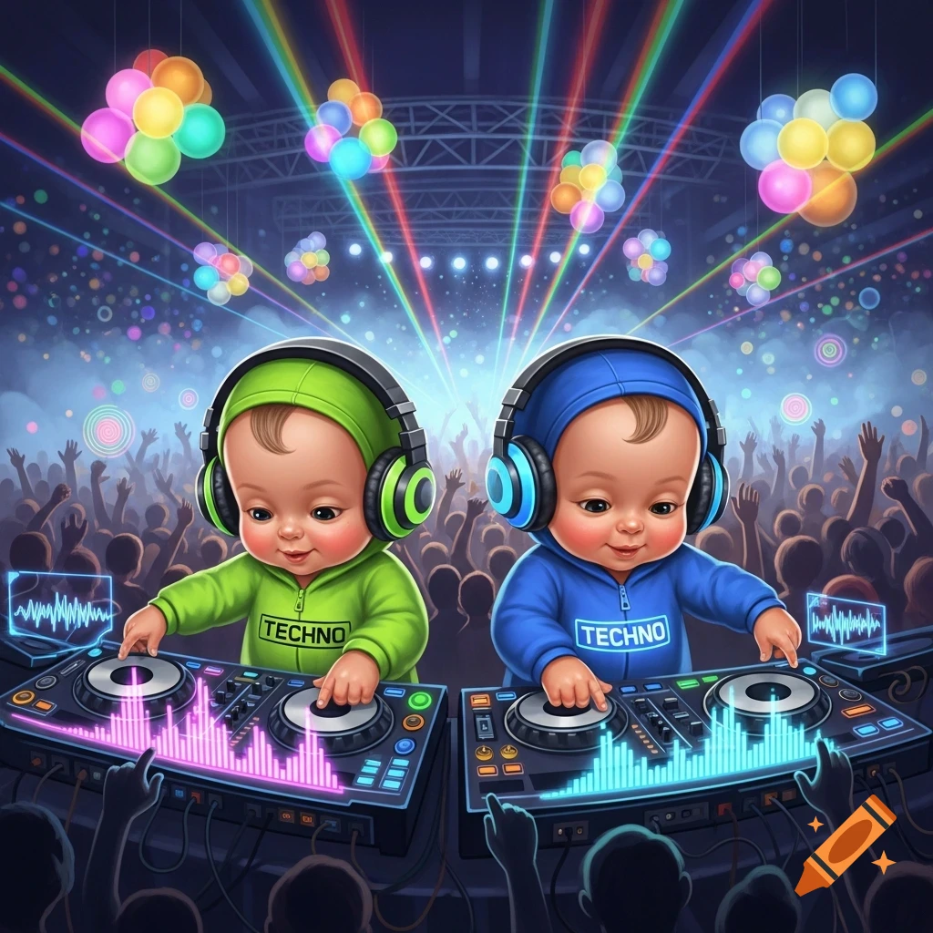 Two cute baby DJs in headphones mixing music on turntables at a vibrant rave with colorful laser lights and a cheering crowd.