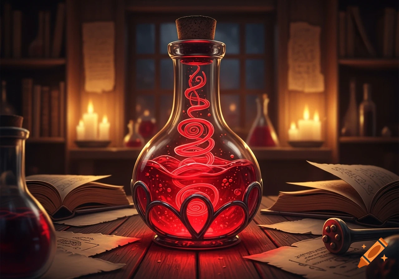 A glowing red swirling potion in a glass bottle on a wooden table, surrounded by open books and flickering candles in a dark room.