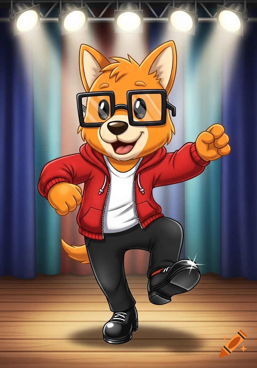 A happy orange cartoon dog wearing black glasses, a red hoodie, and black pants tap dancing on a spotlighted stage.
