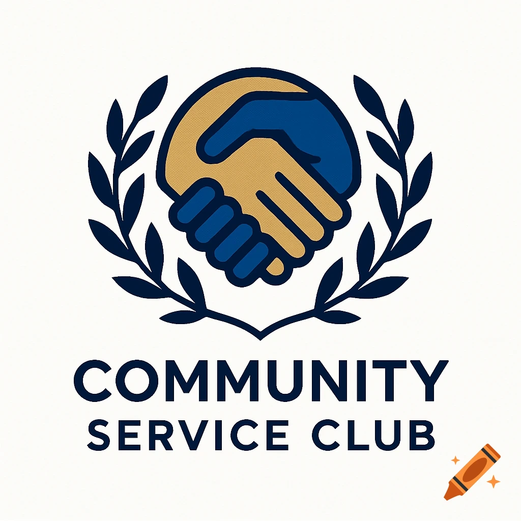 A blue and gold logo showing two hands shaking within a stylized wreath, with the text 'COMMUNITY SERVICE CLUB' below.
