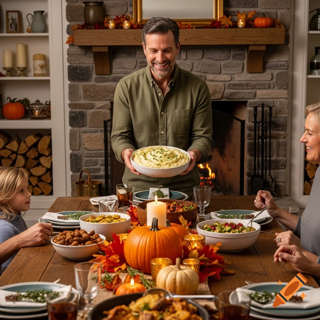 A smiling man serves mashed potatoes at a festive Thanksgiving dinner table with family, pumpkins, and a fireplace.