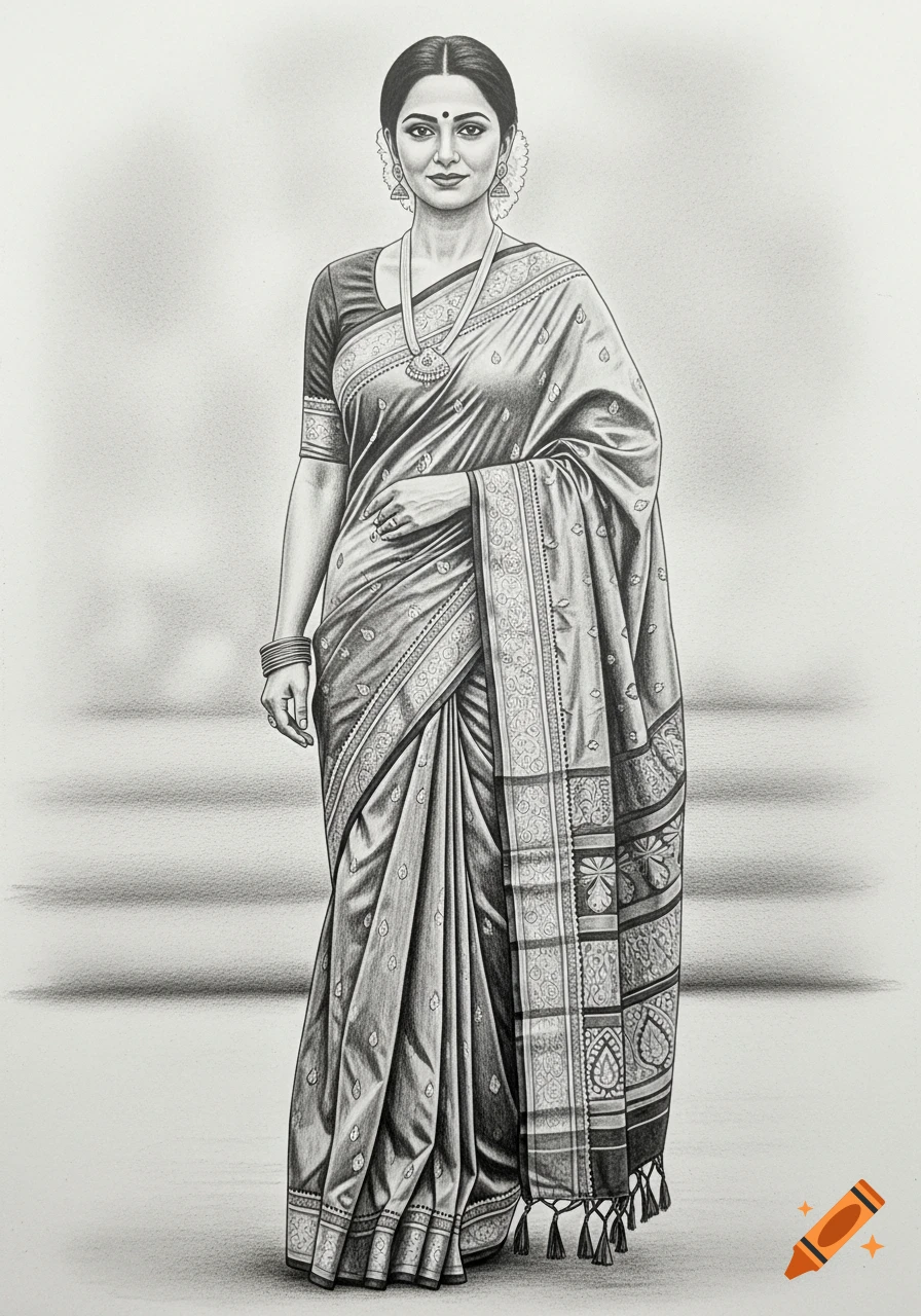 A black and white pencil drawing of an Indian woman standing, wearing a traditional sari and jewelry.