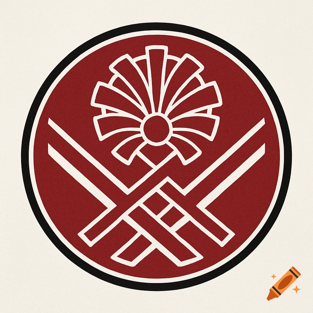 A red and white circular Japanese-style emblem featuring a stylized flower above interlocking geometric lines on a beige background.