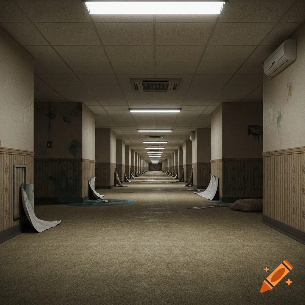 A photorealistic, eerie, long carpeted hallway with fluorescent lights, peeling wallpaper, and scattered debris, receding into the distance.
