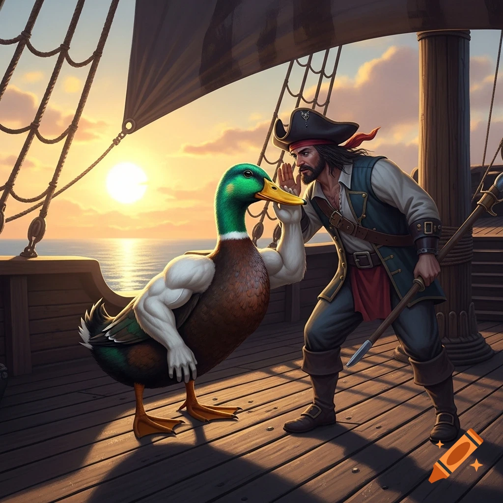 A muscular duck whispers into a pirate captain's ear on a ship deck at sunset.