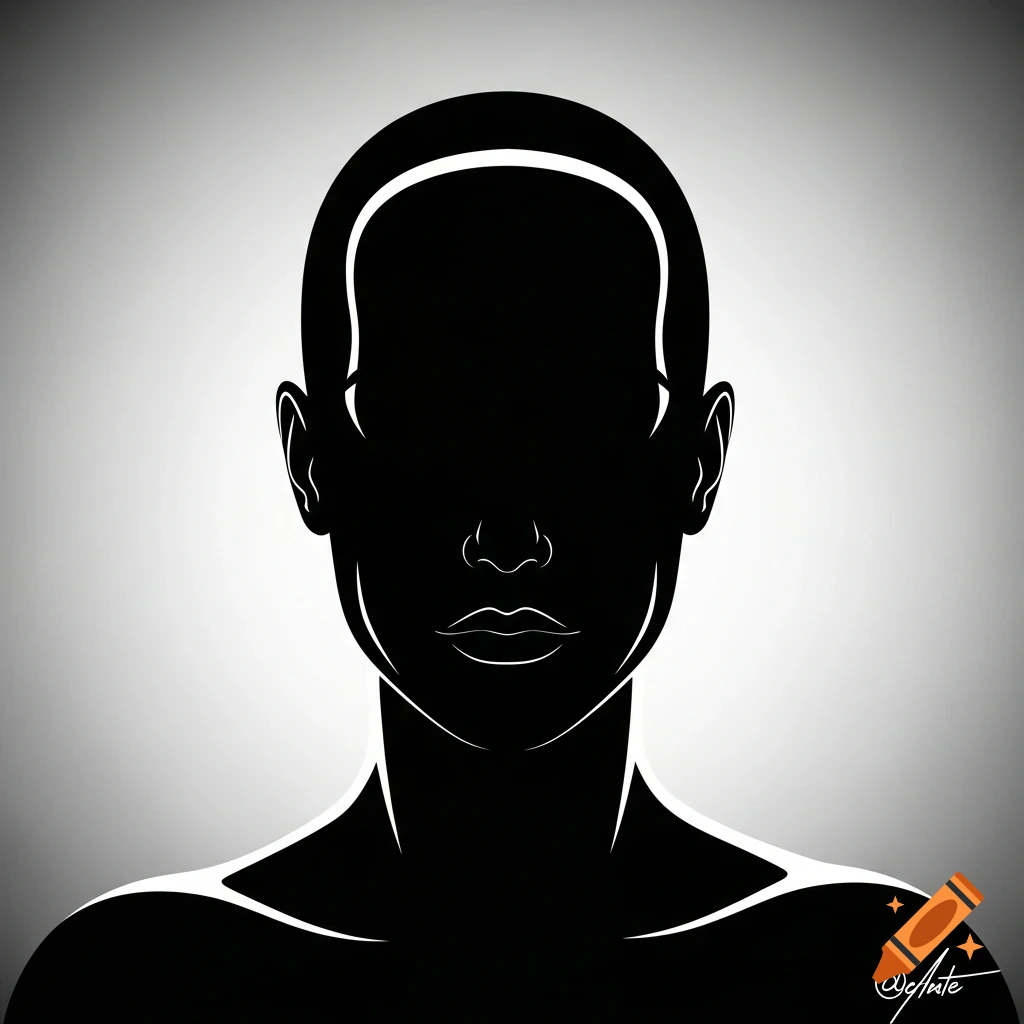 Black and white minimalist illustration of a person's head and shoulders in silhouette, with facial features outlined in white.