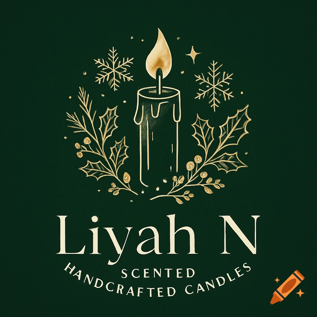 A dark green Christmas candle logo with golden outline illustrations of a lit candle, holly, and snowflakes, with the text "Liyah N SCENTED HANDCRAFTED CANDLES" in gold and white.
