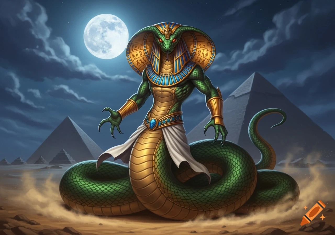 A green humanoid cobra monster with golden Egyptian armor stands in a desert under a full moon with pyramids.