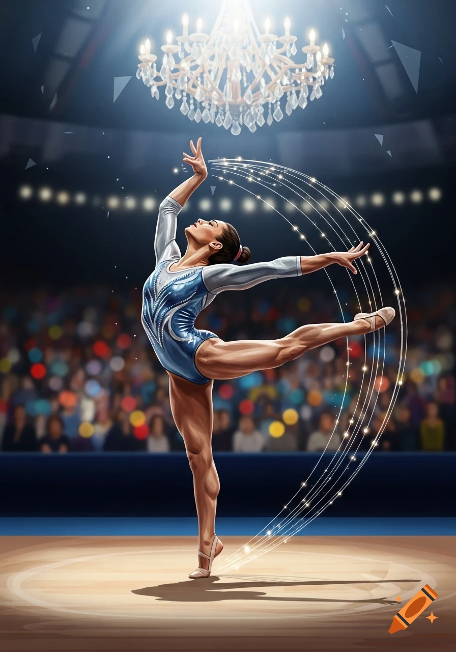 A female gymnast in a blue leotard performs a graceful pose under a chandelier in a spotlighted arena, with glowing light trails.
