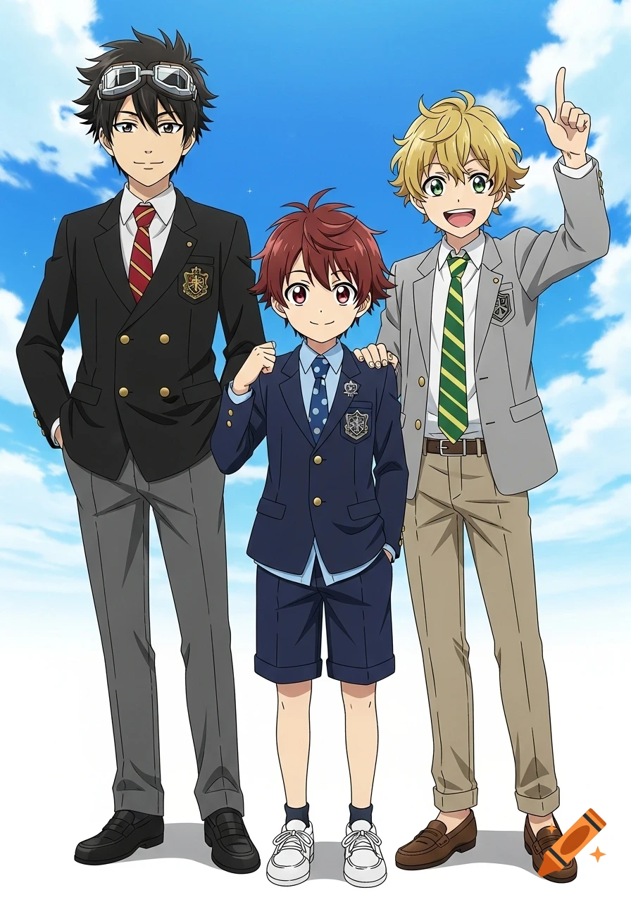 Three smiling anime boys in school uniforms stand outdoors under a blue sky, one pointing upwards.