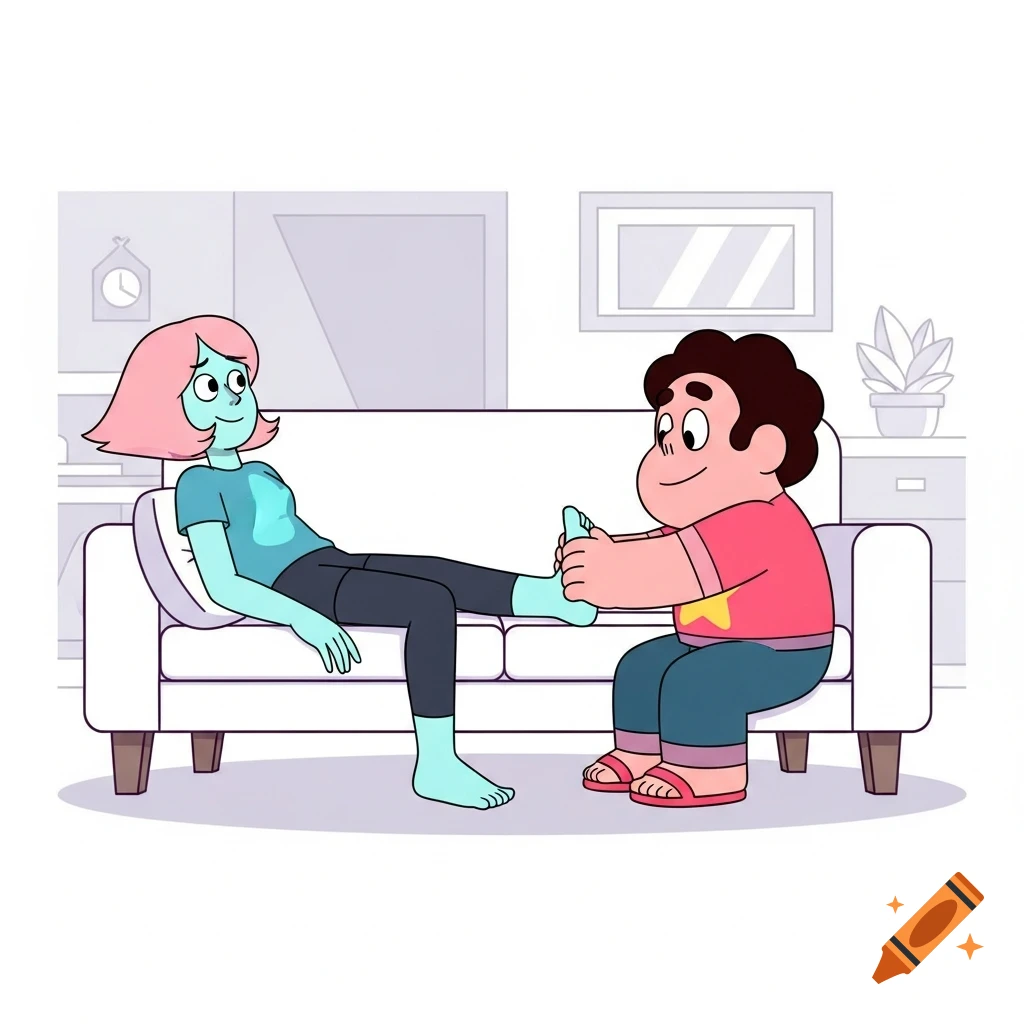Steven Universe giving a foot massage to a pink-haired character on a white couch in a cartoon style.