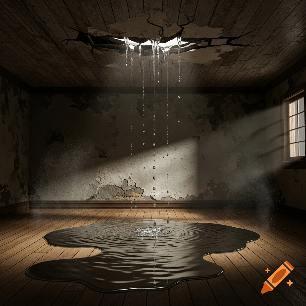 Photorealistic image of a ceiling leak in a distressed room, with water dripping onto a wooden floor and light from a window.