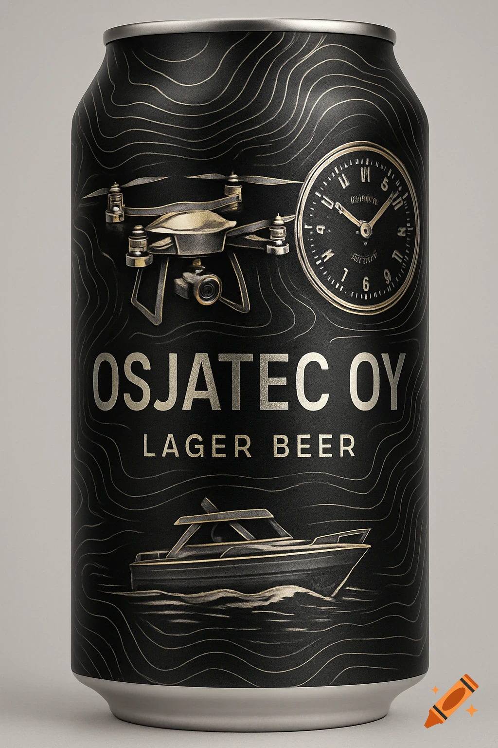 A black beer can with gold and silver details, featuring contour lines, a drone, a tachymeter, and a boat. The text 'OSJATEC OY' and 'LAGER BEER' are prominently displayed.
