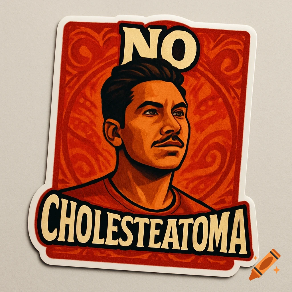 Sticker illustration of a Latino man with a mustache, looking up and to the right, against a red background with the text 'NO CHOLESTEATOMA'.