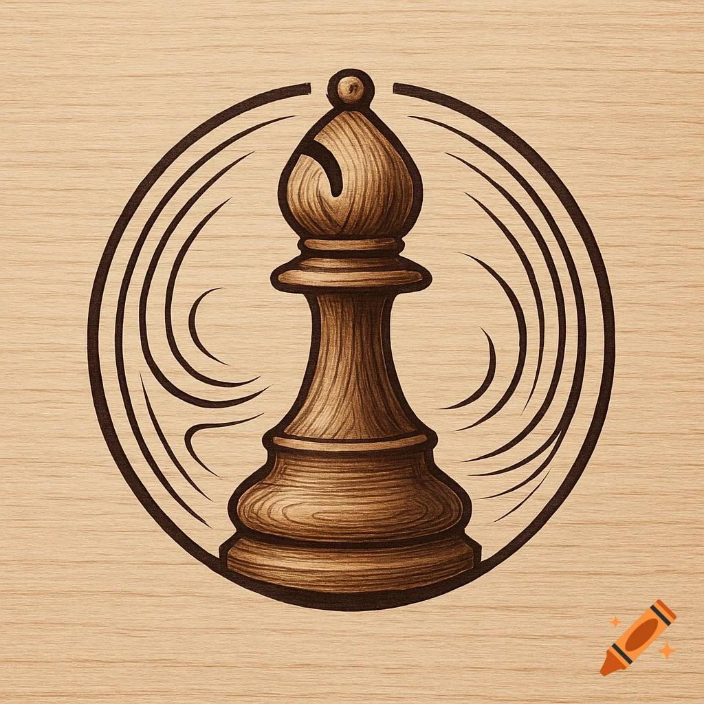 A brown wooden chess bishop with a black outline, centered in a circular emblem on a light wood grain background.