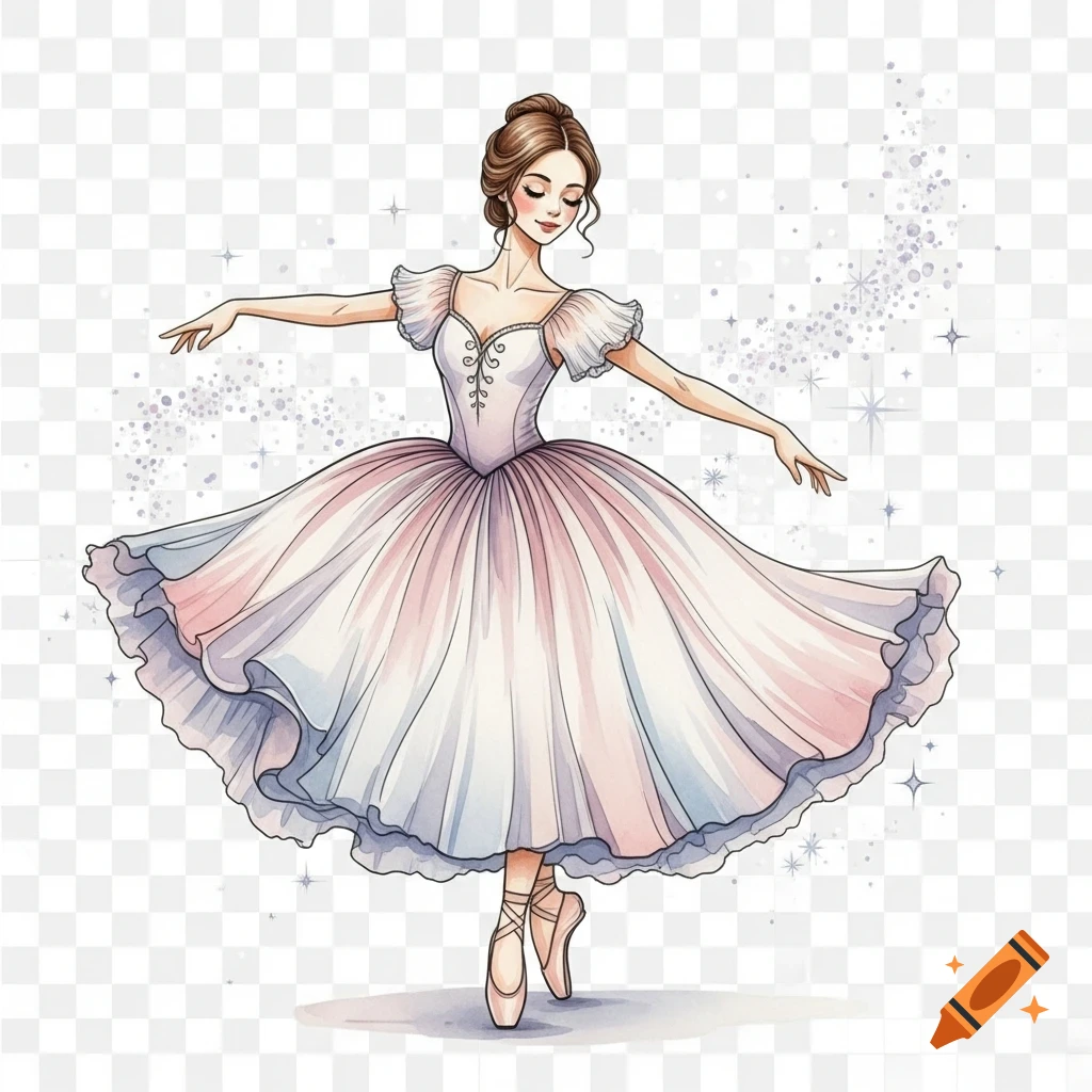 Graceful watercolor illustration of a ballerina in a flowing pastel dress, dancing en pointe with sparkling accents.