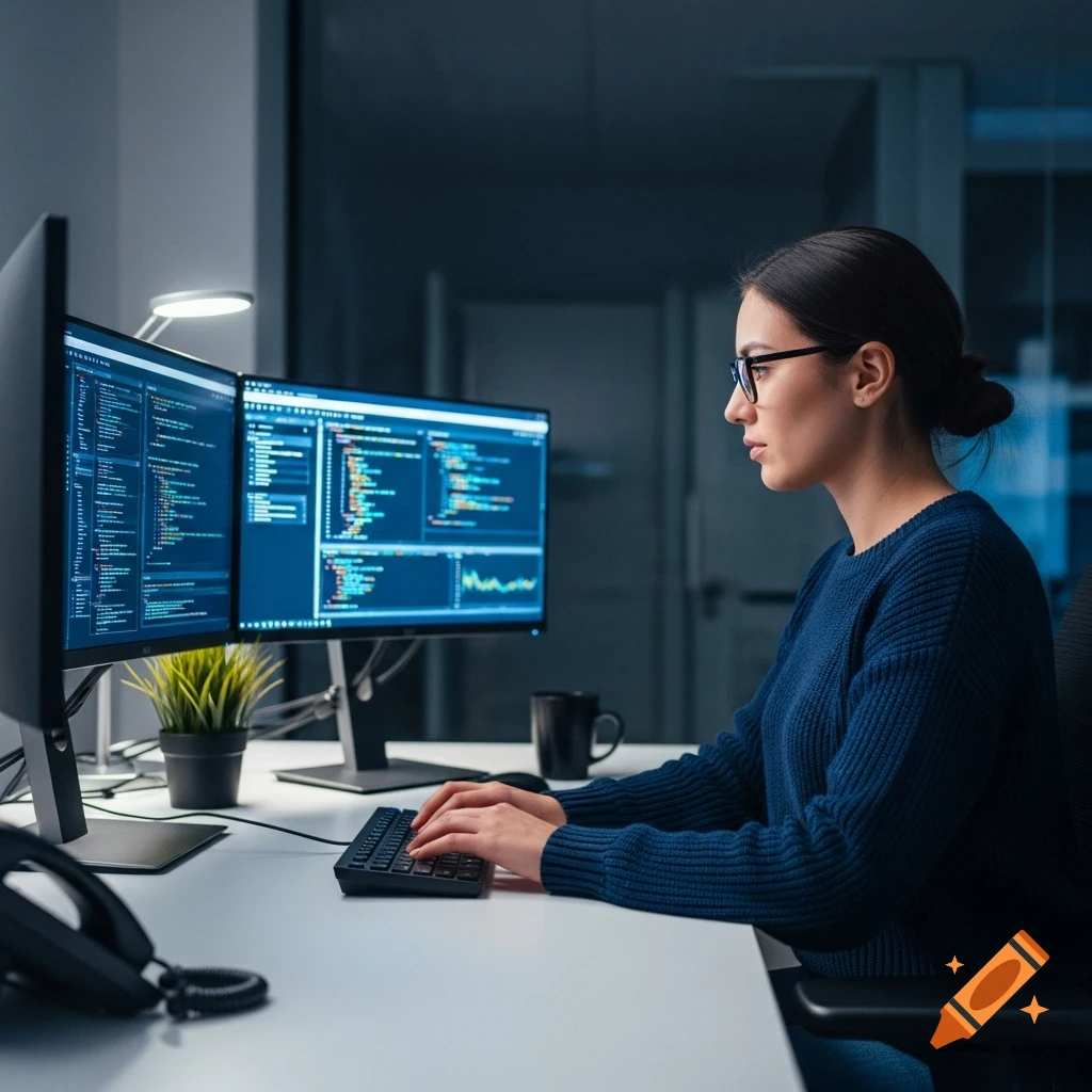 A female programmer with glasses works at a desk with two computer monitors displaying code in a dark office setting.