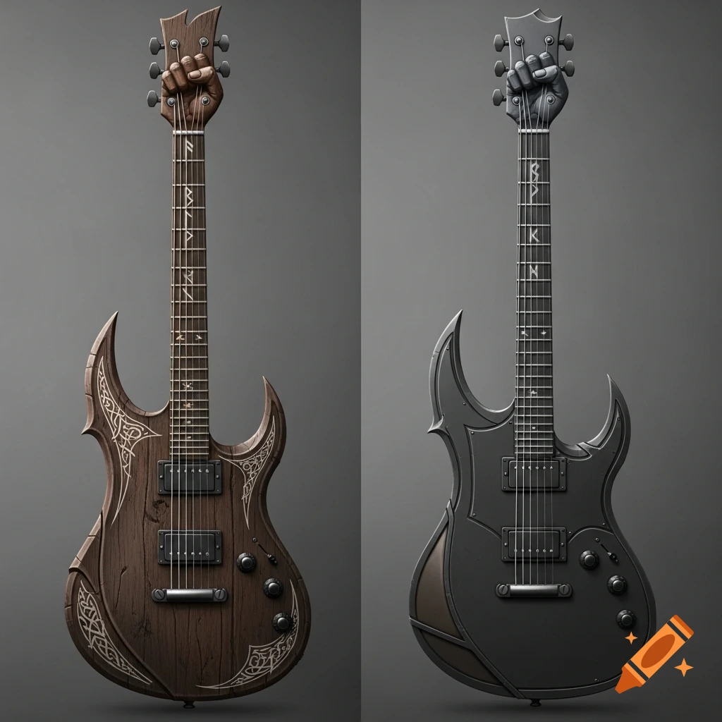 Two hyper-realistic concept art electric guitars. Left: a dark wooden, fantasy-style guitar with elvish runes. Right: a black metallic, angular guitar. Both have a fist headstock.