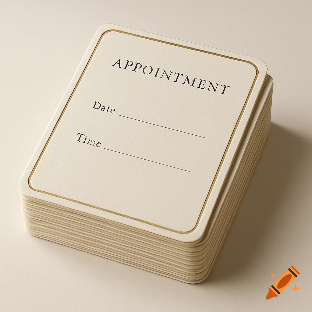 Stack of cream appointment cards with gold border, showing 'APPOINTMENT', 'Date', and 'Time' text.