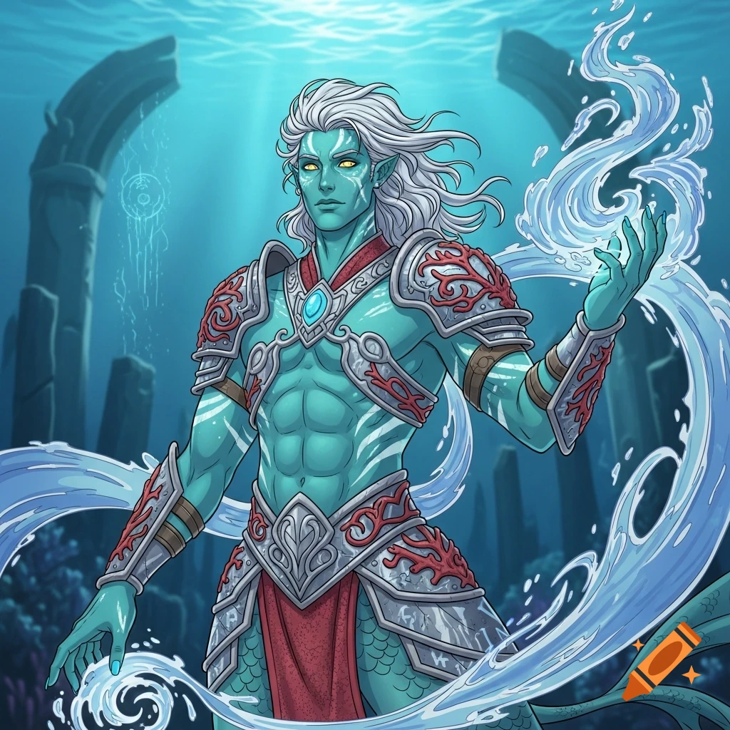 A teal-skinned Triton sorcerer with white hair and glowing eyes, in ornate coral armor, channels water magic in an underwater ruin, D&D style.