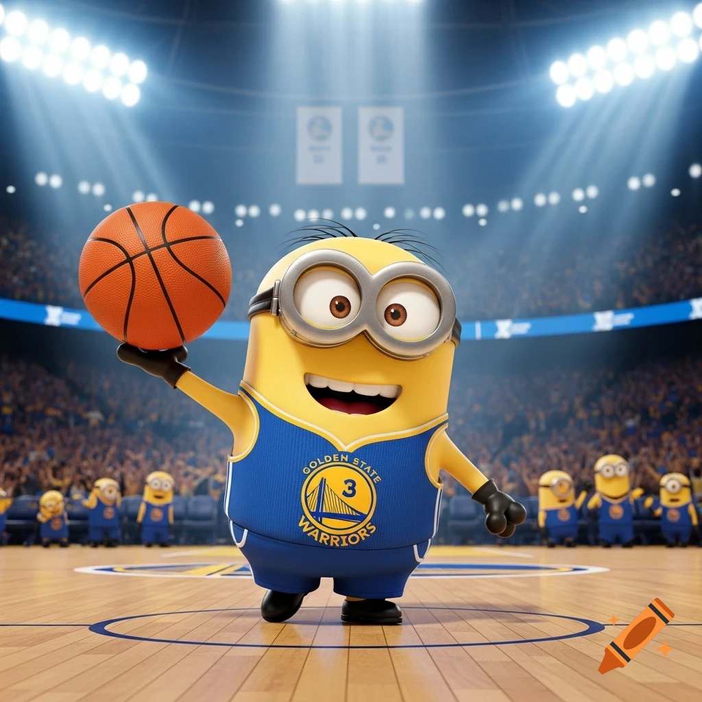 A Minion wearing a Golden State Warriors basketball uniform holding a basketball on a court in a brightly lit stadium.