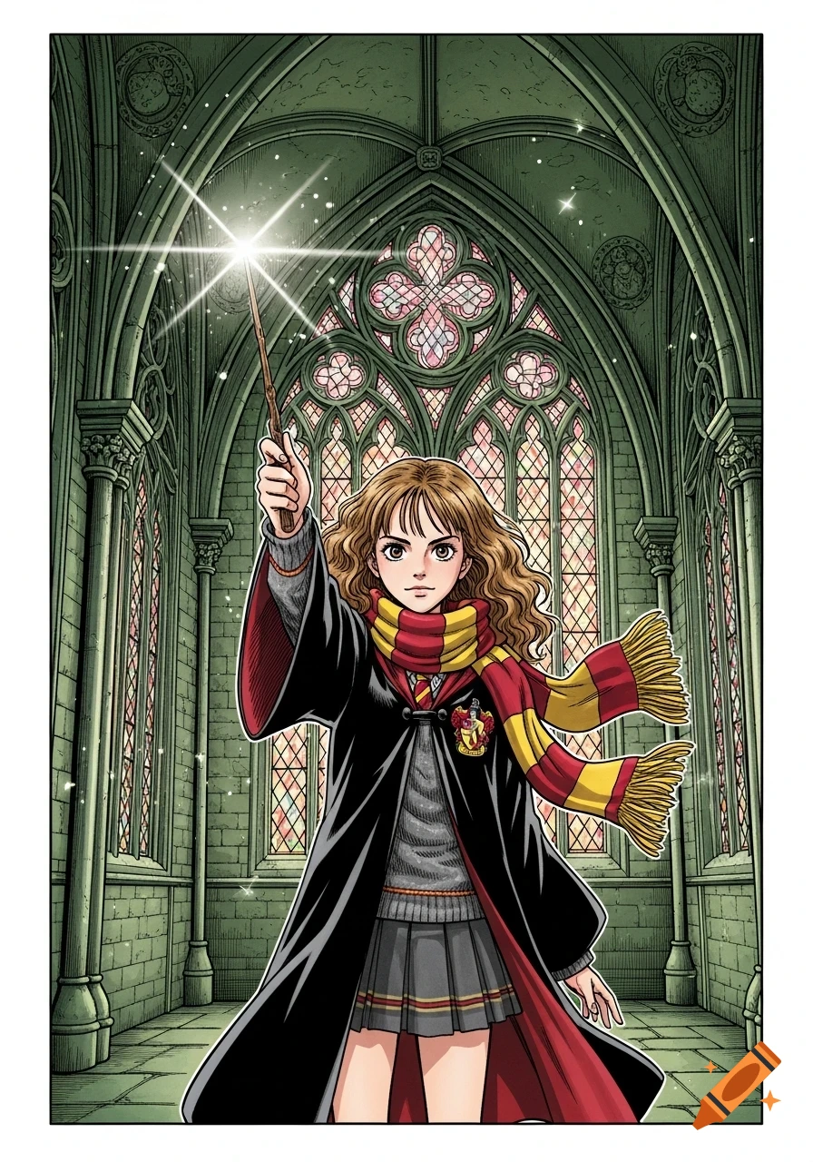 Hermione Granger in anime style, holding a glowing wand in a gothic hall with stained glass windows.