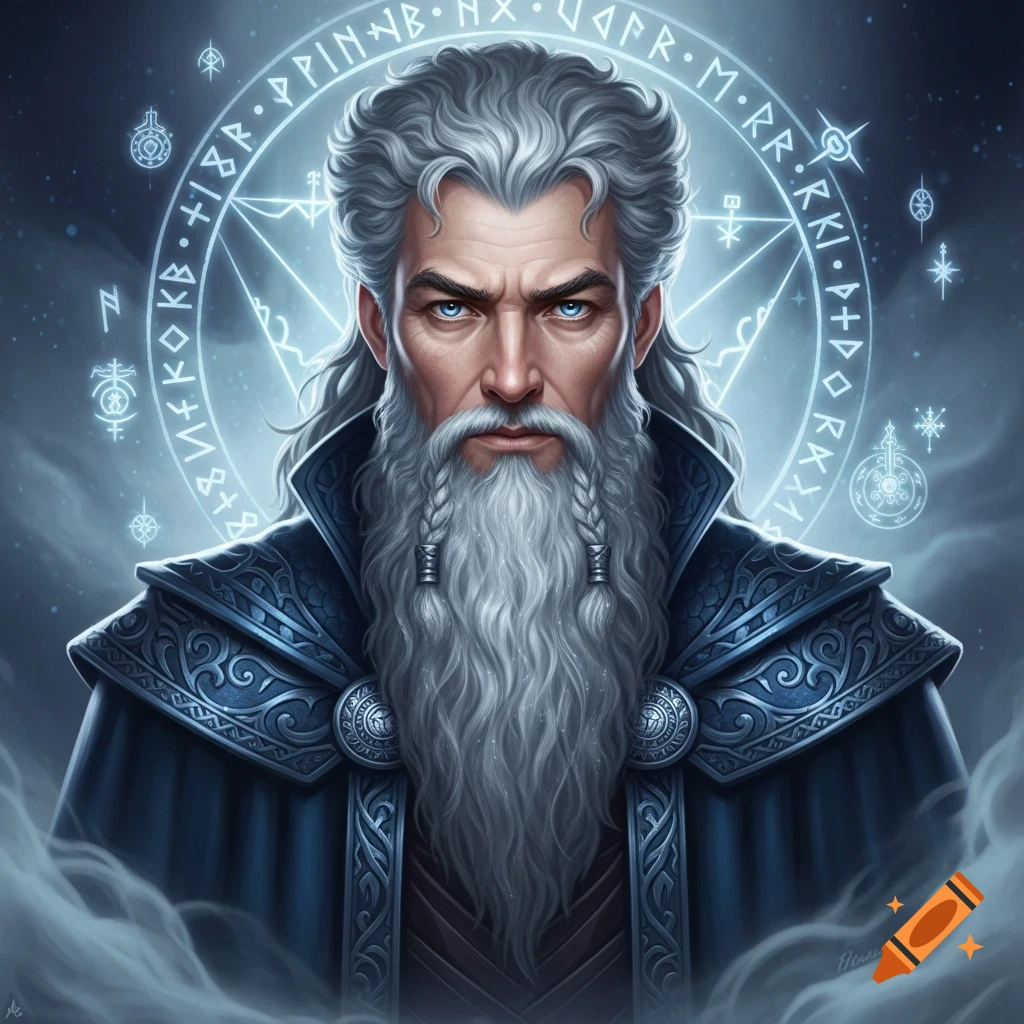 A realistic, detailed portrait of a powerful, silver-haired wizard with a long braided beard and piercing blue eyes, set against a glowing magical symbol on a dark, cloudy background.
