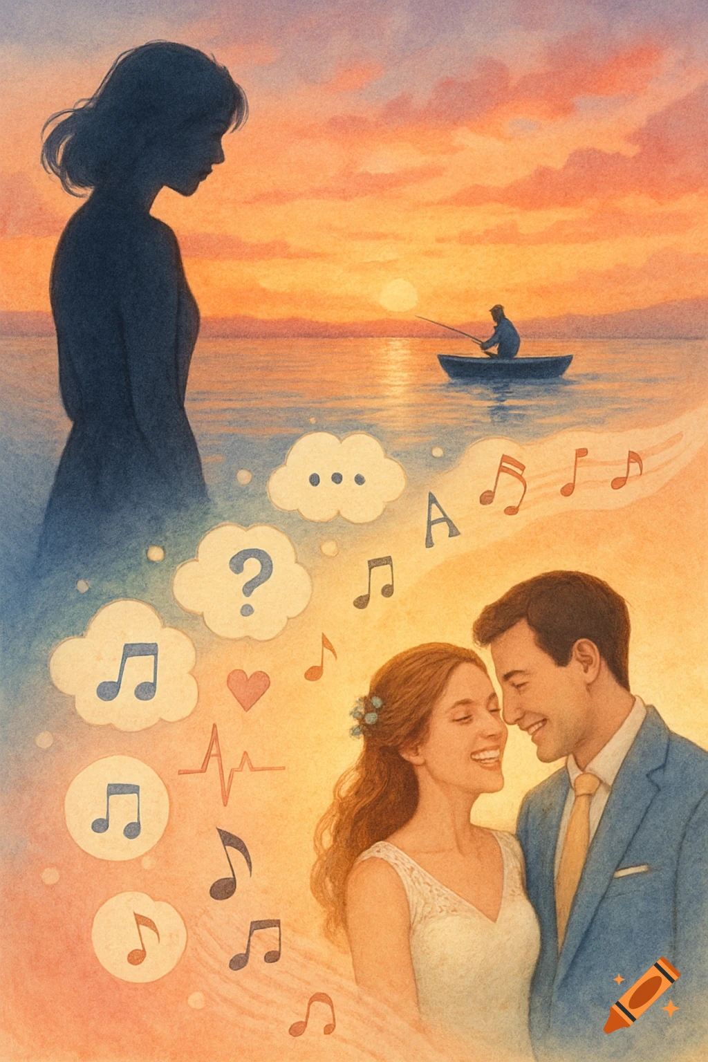 Watercolor illustration of a woman in silhouette, a fisherman at sunset, and a happy couple surrounded by thought bubbles and music notes.