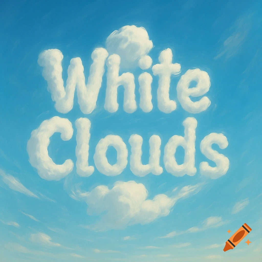 Fluffy white clouds spell out "White Clouds" in a bright blue sky.