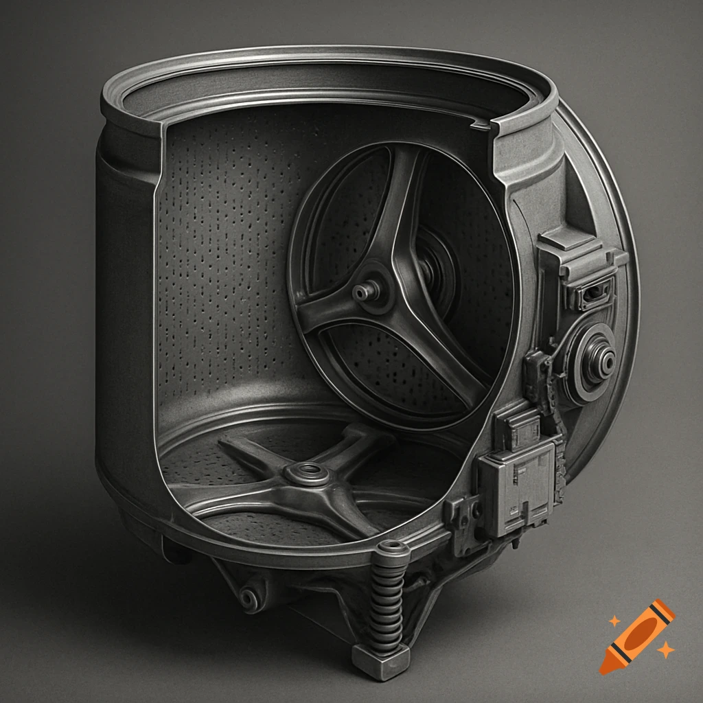 Detailed cross-section of a gray washing machine tub, revealing the inner drum and mechanical parts.