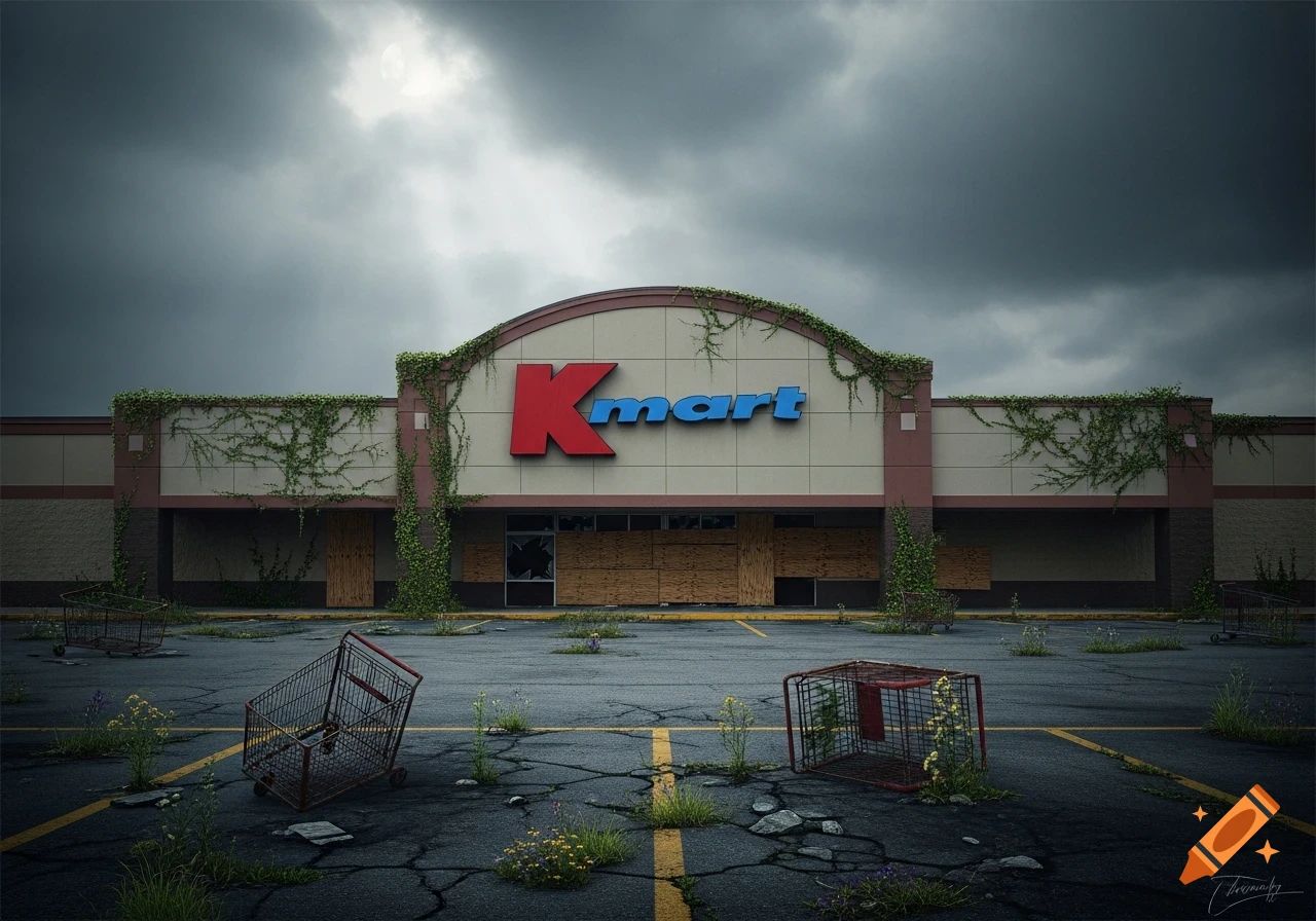 Photorealistic image of an abandoned Kmart store with vines, boarded-up windows, and overturned shopping carts in a cracked parking lot under a dark, cloudy sky.