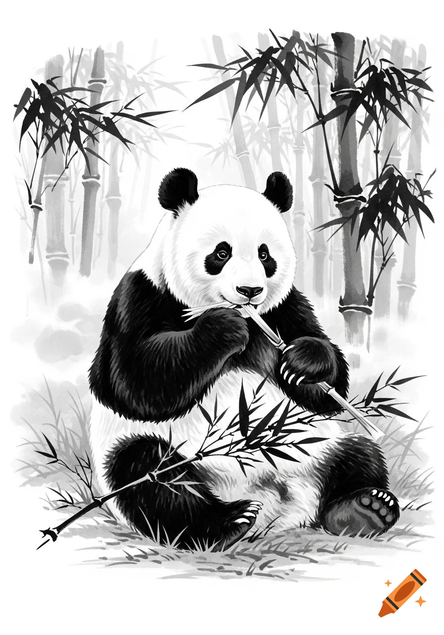 An ink style illustration of a panda bear sitting and eating bamboo in a bamboo forest.