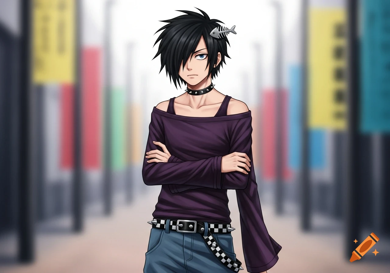 Anime boy with messy black hair, fishbone clip, dark purple off-shoulder top, studded belt, and blue jeans.
