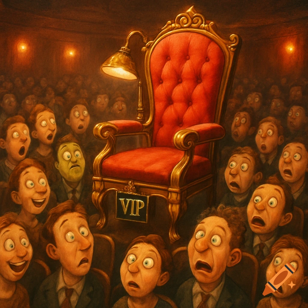 A cartoon illustration of a surprised audience looking at a luxurious red and gold VIP chair under a spotlight in a theater.