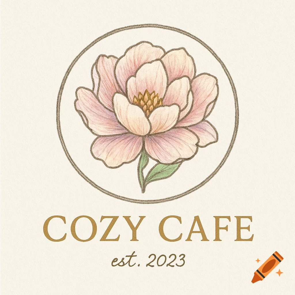 Minimalist cafe logo with a pink flower in a circle above 'COZY CAFE est. 2023', in a sketch style.