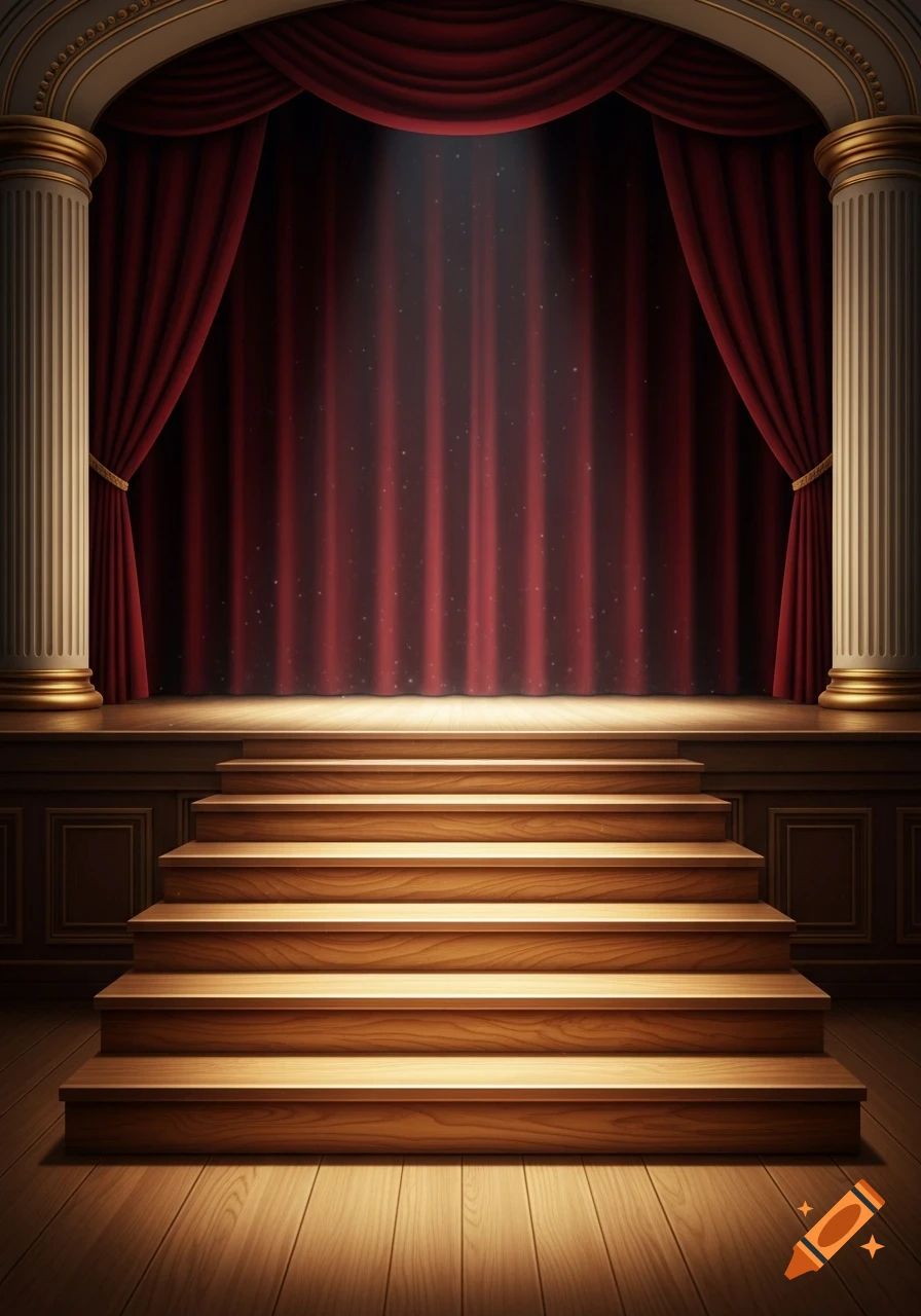 A grand theatre stage with red curtains, white columns, an ornate arch, and wooden stairs leading up to the spotlighted stage.