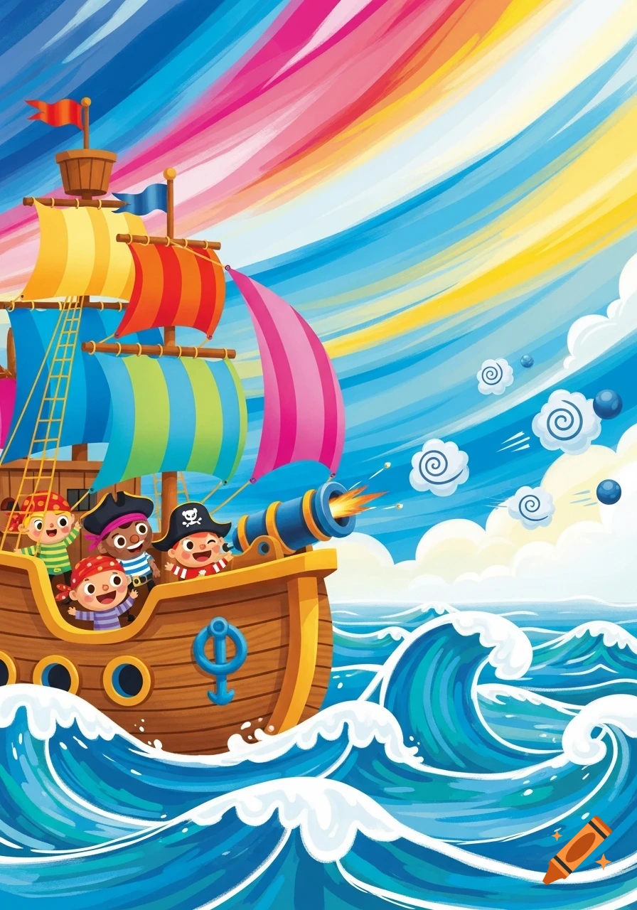 Vibrant children's illustration of a pirate ship with happy child pirates firing a cannon amidst blue waves and a rainbow sky.