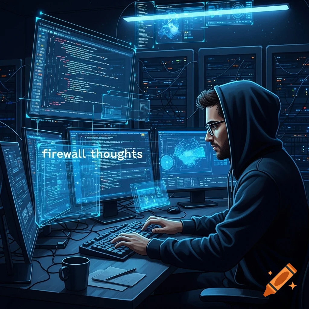 A man in a hoodie and glasses types on a keyboard, surrounded by glowing blue computer screens displaying code in a dark, tech-filled room.