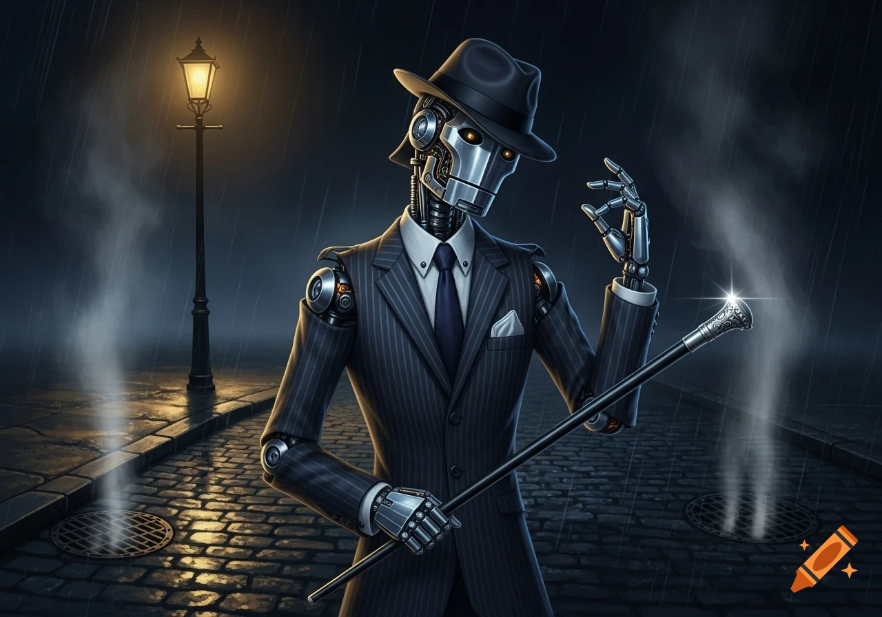 A stylish robot detective in a pinstripe suit and fedora holds a cane on a rainy cobblestone street under a glowing lamppost.