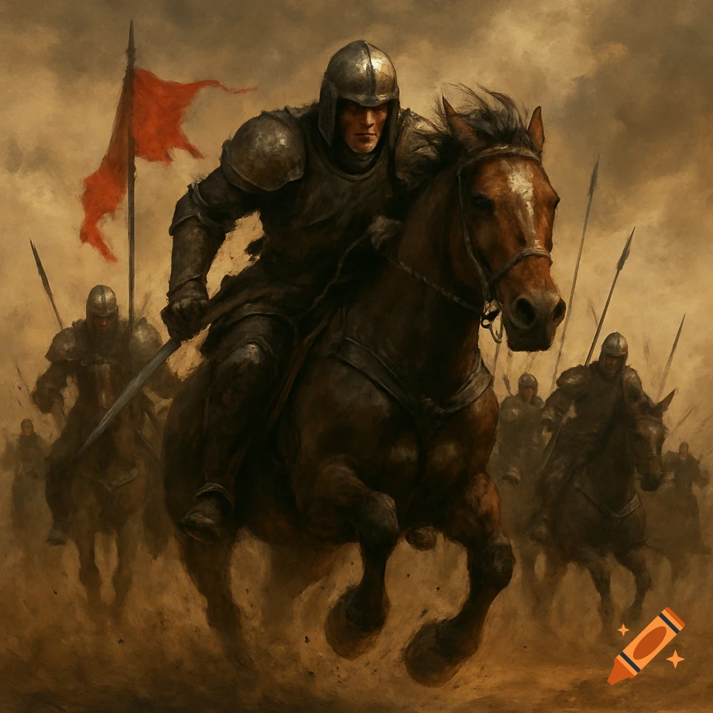 A dramatic, painterly image of a knight in dark armor riding a horse through a dusty battlefield, with other knights and a red flag in the background.