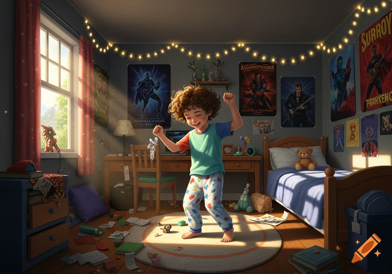 A happy child with curly hair dances joyfully in a messy, sunlit bedroom adorned with fairy lights and posters, in a photorealistic style.