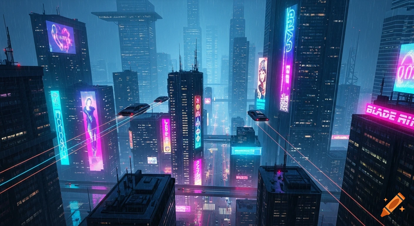 A rainy night in a cyberpunk city with neon signs on skyscrapers and ...