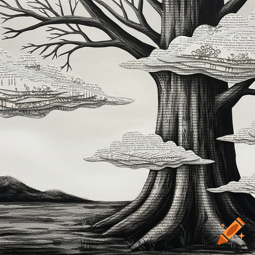 A surreal black and white image featuring a large tree trunk and branches. The trunk and clouds are textured with layered paper containing illegible text. A dark landscape is below.